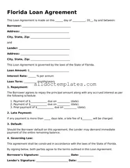 Free Loan Agreement Document for Florida State