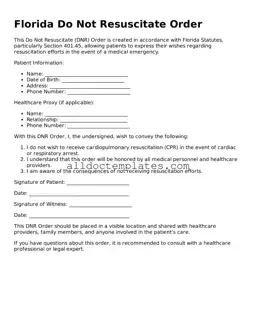 Free Do Not Resuscitate Order Document for Florida State