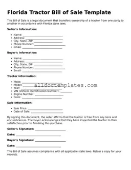 Free Tractor Bill of Sale Document for Florida State