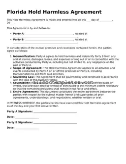 Free Hold Harmless Agreement Document for Florida State