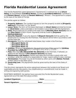 Free Residential Lease Agreement Document for Florida State