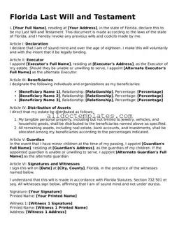 Free Last Will and Testament Document for Florida State