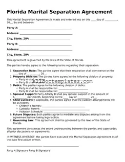 Free Marital Separation Agreement Document for Florida State