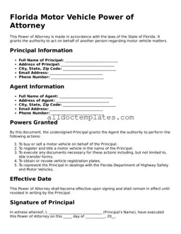 Free Motor Vehicle Power of Attorney Document for Florida State