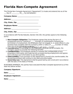 Free Non-compete Agreement Document for Florida State