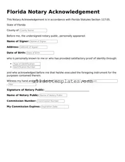 Free Notary Acknowledgement Document for Florida State