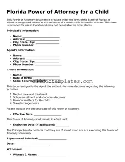 Free Power of Attorney for a Child Document for Florida State