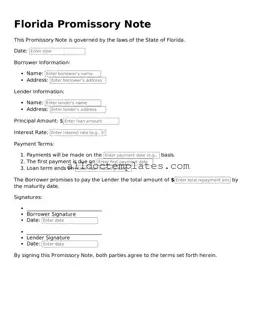 Free Promissory Note Document for Florida State