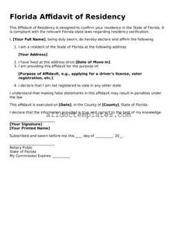 Free Affidavit of Residency Document for Florida State