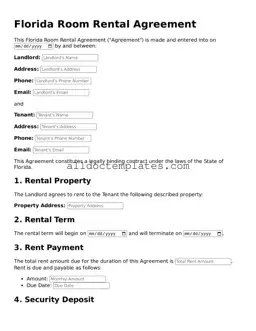 Free Room Rental Agreement Document for Florida State