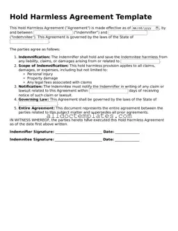 Valid Hold Harmless Agreement Template