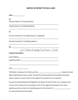 Fill in a Valid Intent To Lien Florida Form