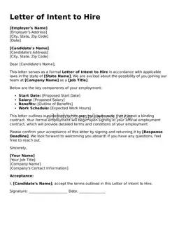 Valid Letter of Intent to Hire Template