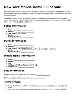 Free Mobile Home Bill of Sale Document for New York State