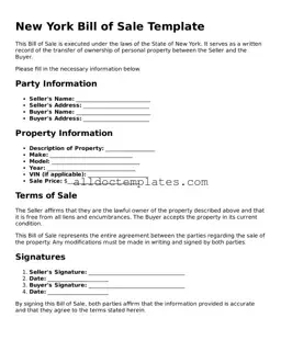 Free Bill of Sale Document for New York State