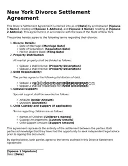 Free Divorce Settlement Agreement Document for New York State