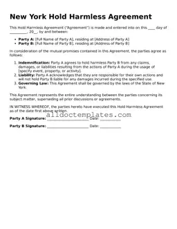 Free Hold Harmless Agreement Document for New York State