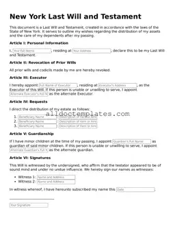 Free Last Will and Testament Document for New York State