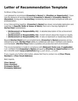 Valid Letter of Recommendation for Coworker Template