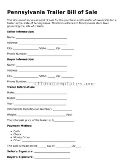 Free Trailer Bill of Sale Document for Pennsylvania State