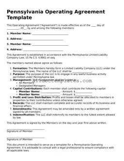 Free Operating Agreement Document for Pennsylvania State