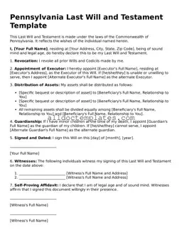 Free Last Will and Testament Document for Pennsylvania State