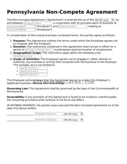 Free Non-compete Agreement Document for Pennsylvania State