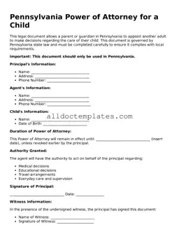 Free Power of Attorney for a Child Document for Pennsylvania State