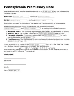 Free Promissory Note Document for Pennsylvania State