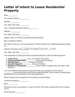 Valid Letter of Intent to Lease Residential Property Template