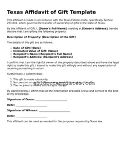 Free Affidavit of Gift Document for Texas State