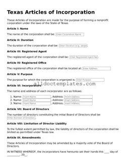 Free Articles of Incorporation Document for Texas State