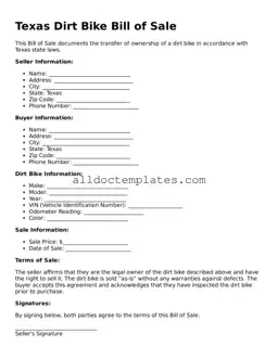 Free Dirt Bike Bill of Sale Document for Texas State