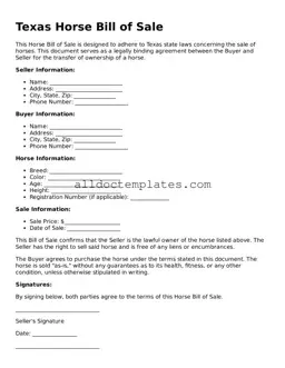 Free Horse Bill of Sale Document for Texas State