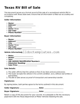 Free RV Bill of Sale Document for Texas State