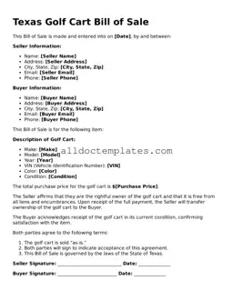 Free Golf Cart Bill of Sale Document for Texas State