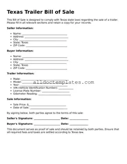 Free Trailer Bill of Sale Document for Texas State
