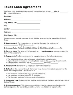 Free Loan Agreement Document for Texas State