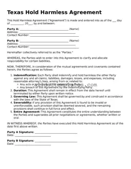 Free Hold Harmless Agreement Document for Texas State