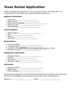 Free Rental Application Document for Texas State