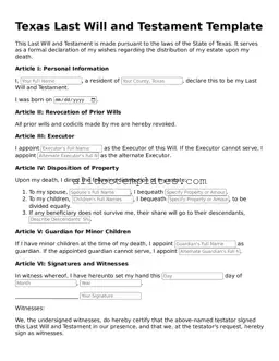 Free Last Will and Testament Document for Texas State