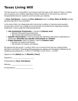 Free Living Will Document for Texas State