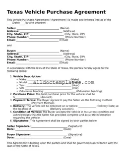 Free Vehicle Purchase Agreement Document for Texas State