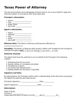 Free Power of Attorney Document for Texas State