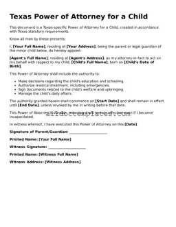 Free Power of Attorney for a Child Document for Texas State