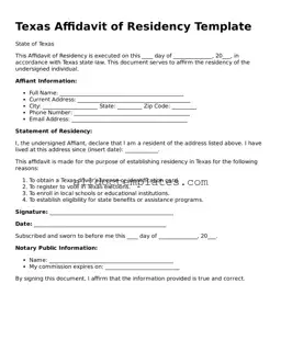 Free Affidavit of Residency Document for Texas State