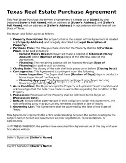 Free Real Estate Purchase Agreement Document for Texas State