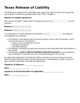 Free Release of Liability Document for Texas State