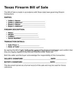 Free Firearm Bill of Sale Document for Texas State