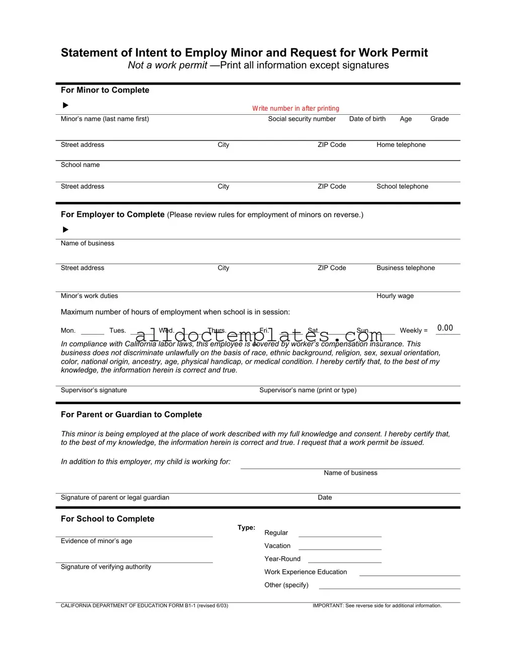 Fill in a Valid Statement of Intent to Employ Minor and Request for Work Permit Form
